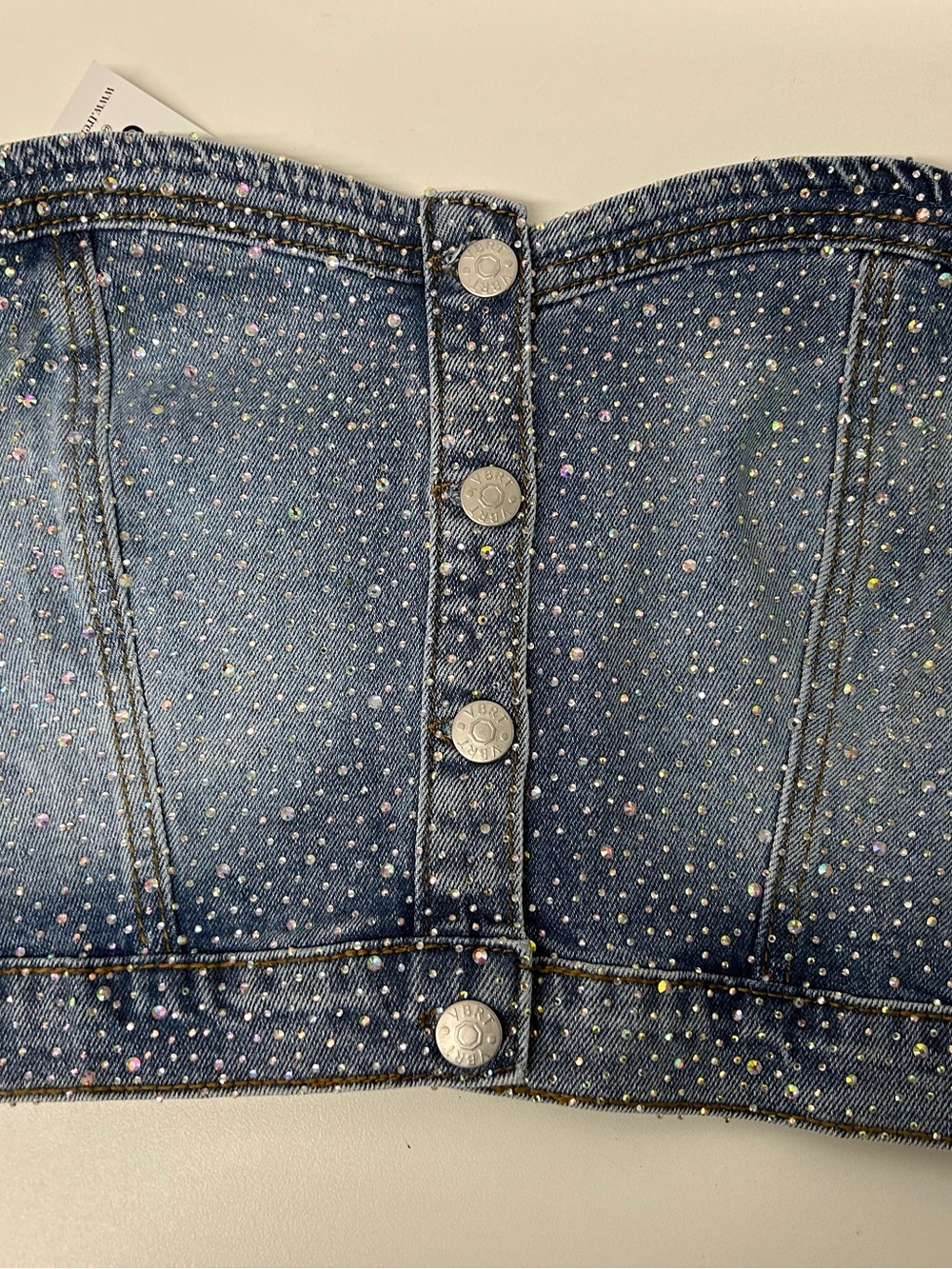 VBRT Denim Rhinestone strapless Button-Front Cropped Jeans Top - Blue